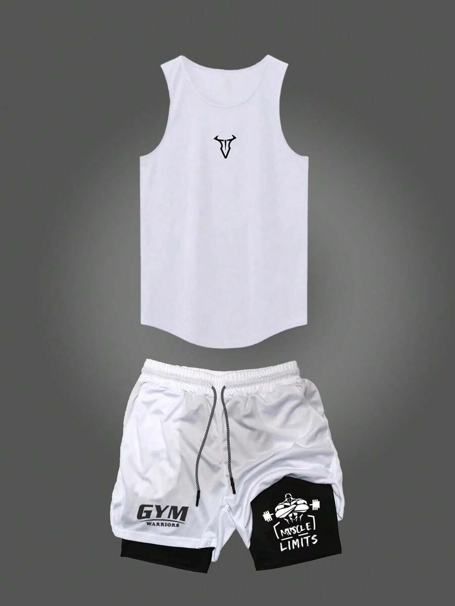 Gym Rark 男士印花圆领背心和字母印花抽绳短裤两件套运动服套装，适合健身、跑步、运动等各种场合，轻便舒适。 - 白色 - 查看 1