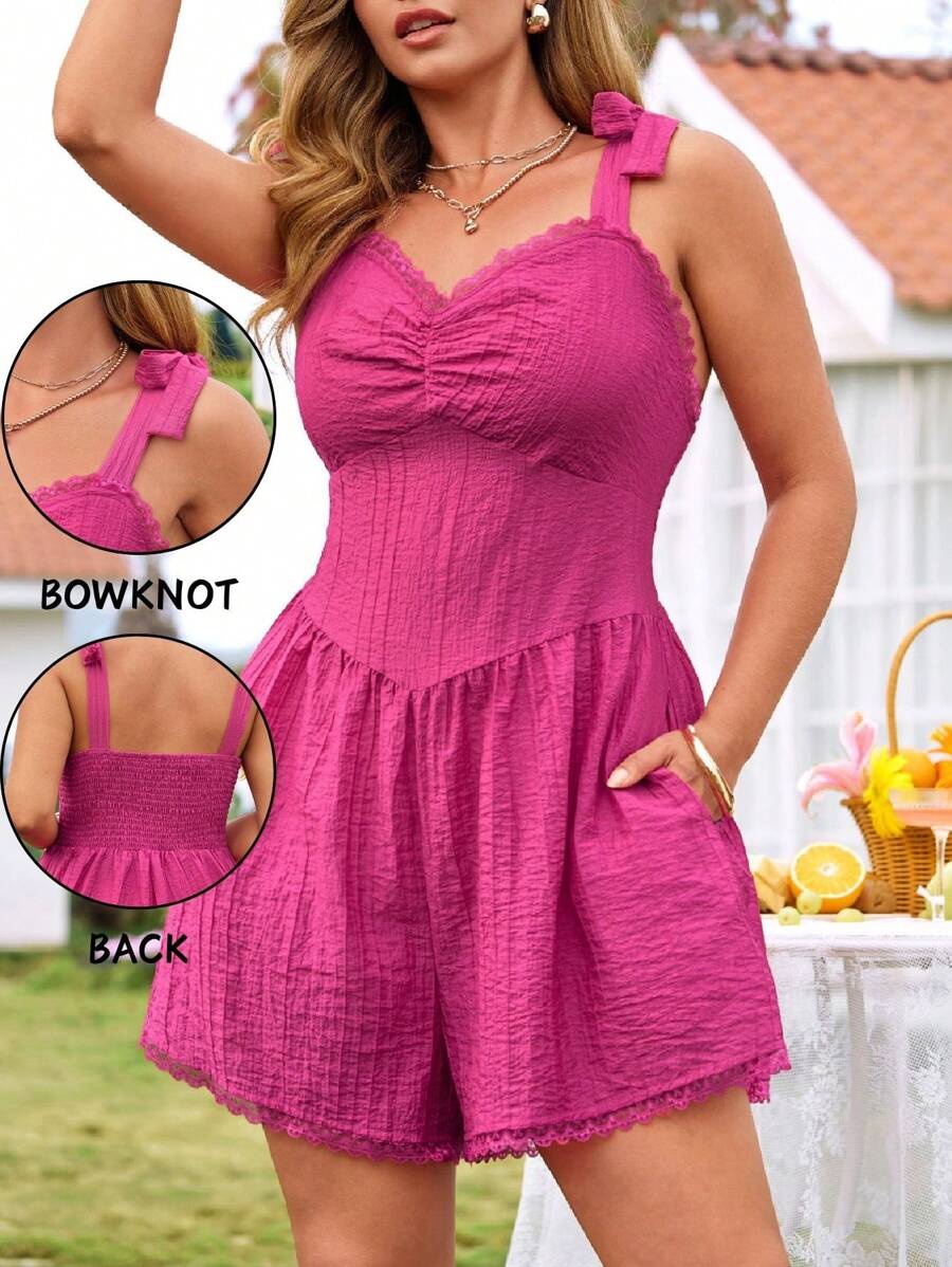 KURAYIA Body de encaje con textura, tirantes con lazo y contraste de talla grande para mujeres - Rosa Fucsia - Ver 1