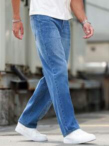 Manfinity Homme Men's Summer Daily Casual Pocket Washed S Baggy Jeans With Design - Blue - View 8