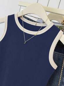 INAWLY 女士夏季休闲简约撞色边无袖上衣 - 藏蓝色 - 查看 3