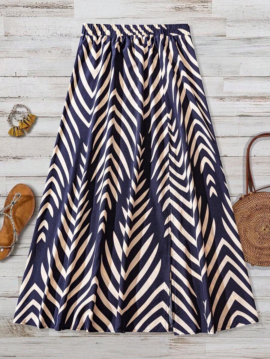 SHEIN Tall 女士休闲夏日度假高开叉全印花半身裙 - 藏蓝色 - 查看 1