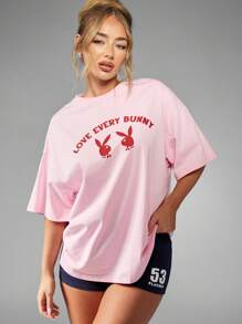 Missguided x Playboy Love Every Bunny überschnittenes Baumwoll-T-Shirt, Oster-Wochenend-Urlaubs-Grafik-Muster, rosa Lässig-Straßen-Stil Lounge Geschenk T-Shirt - Babypink - Übersicht 1