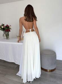 SHEIN Essnce 女士 2025 夏季两件套：波西米亚海岸白色露背吊带上衣和飘逸长裙 | 海岛度假蜜月海滩泳池派对婚礼宾客礼服 | 女士优雅休闲装 - 白色 - 查看 3