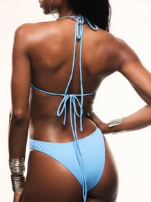 TypaGal Solid Bright Sweet Sexy Ruched Crop Top And Thong Two-Piece Blue Bikini Swimsuit For Summer Beach Vacation - Blue - View 2
