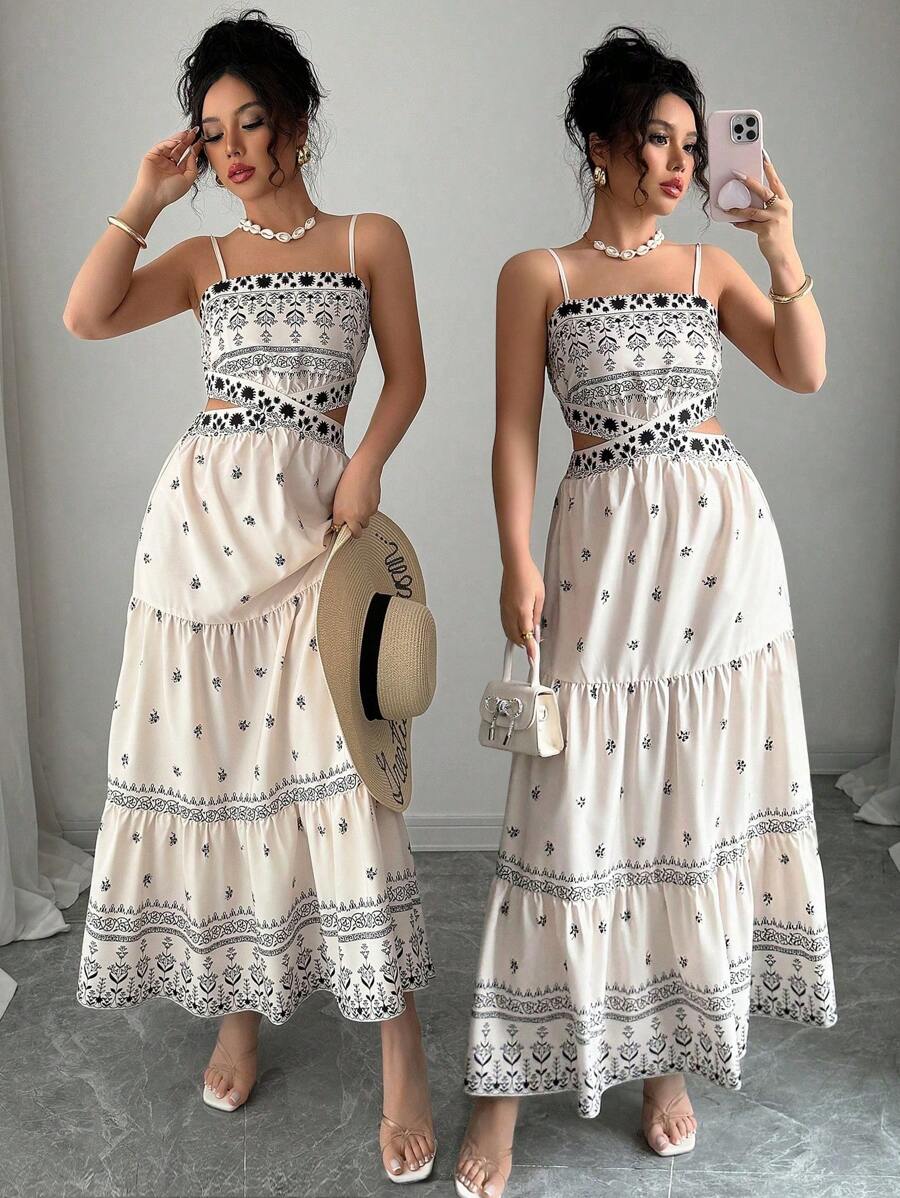 Elenzga Đầm không tay in họa tiết eo rỗng dáng chữ A cho ngày lễ và đi làm hàng ngày thanh lịch dành cho nữ - Nhiều màu - Xem 1