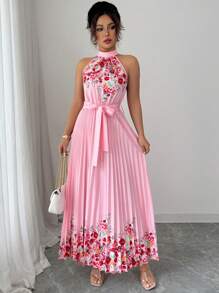 Elenzga Women's Summer Elegant Floral Loose-Fitting Halter Dress - Pink - View 7