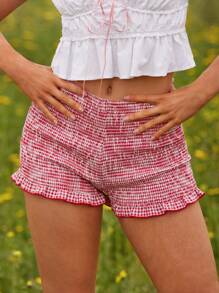 WESTFADE 棉质混纺格子中腰褶饰荷叶边下摆波西米亚风灯笼裤，适合秋季、冬季、返校季、休闲可爱秋季、乡村西部风 - 紅色 - 查看 4