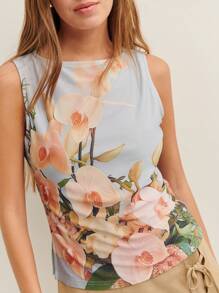Nöista Floral Sleeveless Top In A Base Of Shiny Fabric-Pairs Beautifully With Skirts Or Shorts For A Chic Summer Look. - Multicolor - View 4