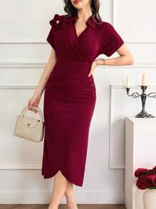 Modelyn Women's Solid Color Applique Elegant Ruffle Short Sleeve Dress Women's Solid Color Crew Neck Short Sleeve Fitted Waist Dress - Red - View 4