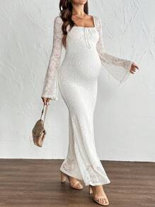 MaterniChic 情人节白色喇叭袖蕾丝紧身鱼尾孕妇装 - 杏色 - 查看 3