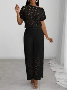 Slaydiva 25新款夏季优雅度假斜肩一字肩插肩袖短袖烂花菱格纹宽松上衣+下摆烂花阔腿裤特长裤白色女两件套 - 黑色 - 查看 6