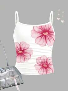 SHEIN Parte superior deportiva casual ajustada de tirantes con cintura fruncida con estampado floral de vacaciones para niñas preadolescentes - Blanco - Ver 3