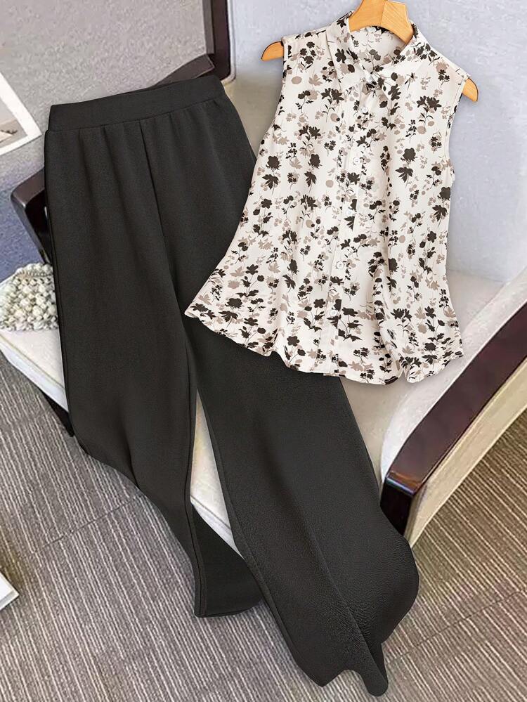 Women's 2pcs Sleeveless Shirt And Solid Color Pants Set, Vacation Outfits Women
