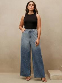 Anewsta 大码女式水钻装饰蓝色直筒牛仔裤 - 藍色 - 查看 5