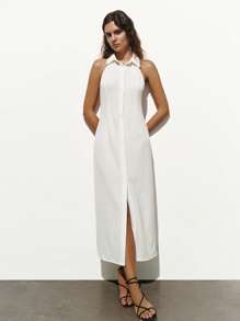SHEIN Unity Textured Plain Color Shirt Collar City Commuting Women Long Dress - White - View 6
