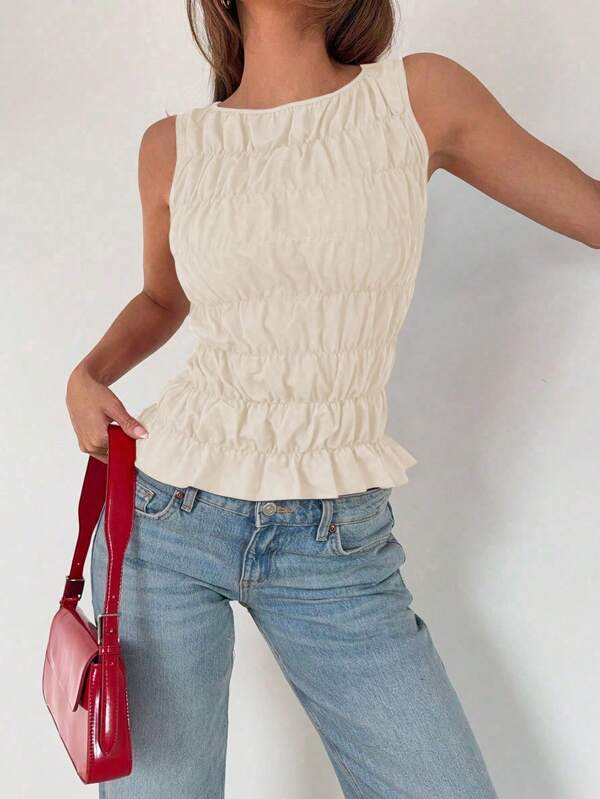 Roylia Camiseta sin mangas de unicolor con cuello redondo y plisada, de verano