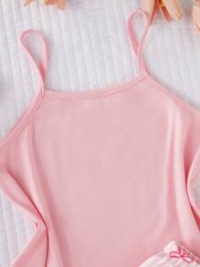 4 件套女童睡衣套装，带条纹、蝴蝶结装饰、吊带背心、短裤，粉色面料，休闲睡衣