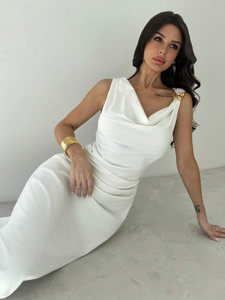 Firerie 女士白色不对称领口褶皱腰中长连衣裙，性感优雅通勤连衣裙，节日连衣裙，时尚别致，春夏装，通勤，优雅，性感，度假，海滩，夏威夷，婚礼季，毕业礼服，舞会 - 白色 - 查看 1