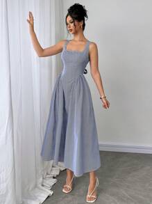 Firerie Váy midi chữ A thắt eo cổ vuông kẻ sọc xanh trắng cho nữ, Váy thanh lịch cổ điển, Váy mùa hè, Váy nghỉ dưỡng, Váy xòe, Trang phục xuân/hè, Đi làm, Thanh lịch, Kỳ nghỉ, Bãi biển, Lãng mạn, Hẹn hò - Xanh và trắng - Xem 6
