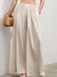 Femmeiva Beige Autumn Modest Vacation Holiday Women's Faux Linen High Waist Wide Leg Palazzo Pants,Luxurious Old Money Design Feminine Commuter Smart Trousers - Apricot - View 5