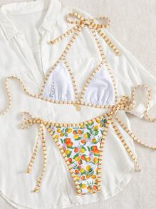 Swim Mod Set de 2 piezas de traje de baño con parte superior tipo halter y Bottom con lazos laterales con estampado de fruta de verano, ropa de playa sexy y de moda - Multicolor - Ver 3