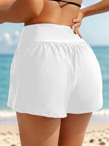 Swim Lushoire Women's Loose Lily Flower Printed Pocketed Beach Shorts, Summer Holiday - White - View 2