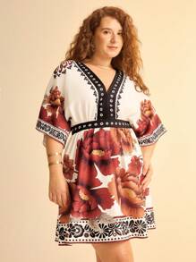CAJUNI Plus Size Women Boho Tropical Floral Print Casual Deep V-Neck Loose Short Dress - Multicolor - View 1