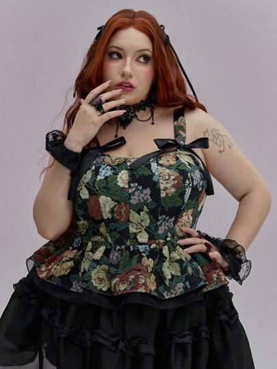 ROMWE Avant Camiseta ajustada con tirantes de mariposa de jacquard floral, para outfits de verano en resorts, talla grande
