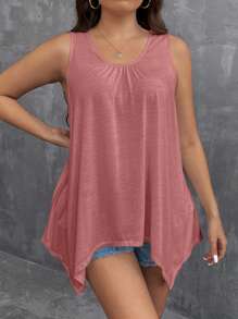 SHEIN LUNE Atasan Tanpa Lengan Kasual Wanita Ukuran Besar dengan Hem Berumbai Asimetris dan Leher Bulat - Dusty Pink - View 4