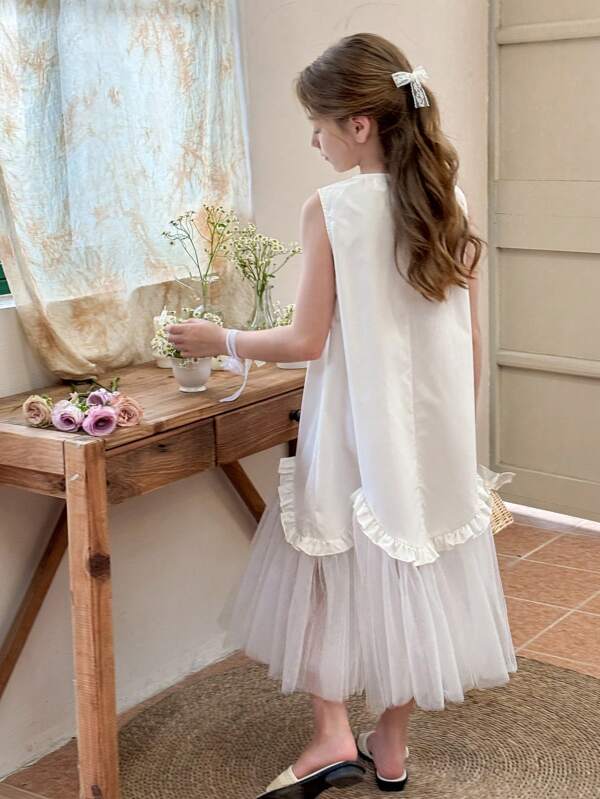 SHEIN LMoss Kids Tween Girl Woven Solid Color Mesh Patchwork Dress