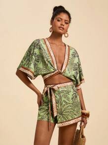 Travachic Bộ 2 chiếc áo crop top cổ chữ V và chân váy ngắn phong cách cổ điển dành cho nữ, Bộ đồ mùa hè dành cho nữ, Thích hợp cho kỳ nghỉ, Trang phục nghỉ dưỡng dành cho nữ, Trang phục đi biển dành cho nữ, Trang phục nghỉ dưỡng, Họa tiết hoa dành cho nữ 2 chiếc, Bộ đồ hai mảnh dành cho nữ, Kỳ nghỉ, Mì Ý in dệt 2 chiếc - màu xanh lá - Xem 6