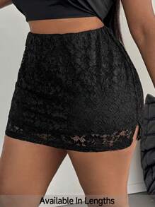 SHEIN PETITE CURVE 大尺碼女款彈性腰花卉蕾絲中長裙 - 黑色 - 查看 7