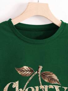 Women Plus Size Leopard Print Cherry Pattern Round Neck Short Sleeve T-Shirt - Green - View 4