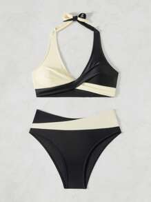 SHEIN Swim Women's Summer Beach Cross Wrap Front Two-Tone Halter Split Bikini Set - Multicolor - View 3