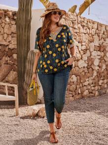 EMERY ROSE 大码几何印花短袖衬衫 夏季度假 适度 - 黑色 - 查看 2