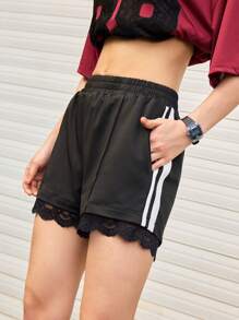Streetz SHEIN Sport Women's Casual Sport-Inspired Elastic Waist Side Stripe Contrast Contrast Lace Shorts - Black - View 3