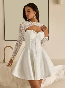 Vowa Elegant Luxury Lace Patchwork Jacquard Satin A-Line Sheer Long Sleeve Dress, Suitable For Weddings, Parties, Holidays, Balls, Gifts, Bride, Graduation, Teacher Outfits For Women, Teacher Dress, Valentine's Day - Beige - View 5