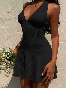 Sunnyshic Vestido mini con escote en V y espalda descubierta, vestido de verano ajustado y versátil con escote pronunciado