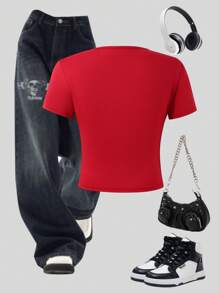 SHEIN Explorewe 复古学院风修身短袖数字和字母刺绣 T 恤，适合少女、夏季休闲装和运动装