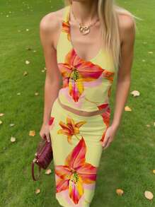 INAWLY Bộ 2 món áo croptop không tay in hoa và chân váy dành cho nữ mùa hè. - Màu vàng - Xem 3
