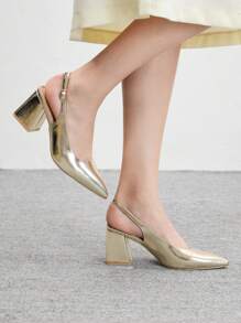 CUCCOO BIZCHIC Women's Fashion Gold Open Heel Pointed Toe Chunky Heel Pumps, Classic Minimalist For Commute, Date, Party, Holiday, Wedding For Christmas - Gold - View 5