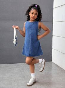 SHEIN Tween Girls Fashion Casual Y2k Detachable Back Bow Design Short Sleeveless Denim Dress For Tween Girl Clothes Girls Soft Dailywear And Tween Girl Summer And Spring Rave Outfits Festival And Beach Outfits Clothes Denim Dress Girls Fall Winter