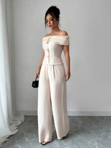 Chiquease Bộ 2 áo len cardigan hở vai màu mơ cho nữ, mùa xuân/hè - Màu be - Xem 6