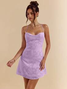 SHEIN BAE 春夏女士纯粉色修身低胸露背吊带纹理溜冰迷你连衣裙 - 紫色 - 查看 4