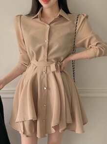 DAZY Vestido casual corto de manga larga con cuello, de unicolor, para mujer, vestido de otoño - Caqui - Ver 5