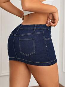 SHEIN ICON 女款水洗牛仔迷你裙，带可见缝线设计 - 深色水洗藍 - 查看 2