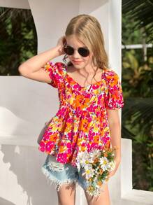 SHEIN 女童休闲花卉印花荷叶边斜领泡泡袖衬衫 - 玫紅色 - 查看 12