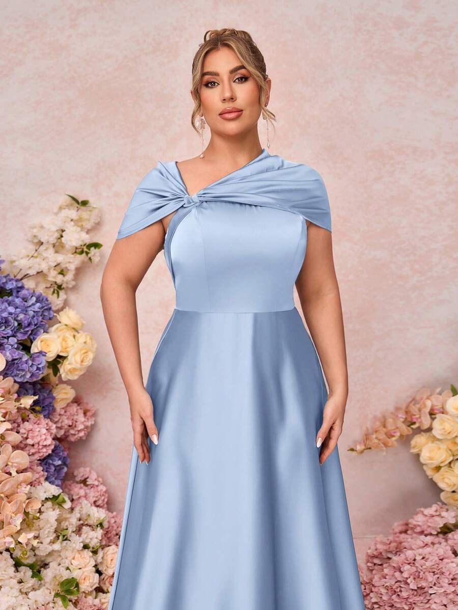 SHEIN Belle 大码女式优雅浪漫缎面露肩扭结不对称蝴蝶结 A 字形正式伴娘礼服,适合婚礼活动 - 藍色 - 查看 1