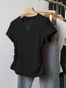 INAWLY Plus Size Women's Solid Color Minimalist Crew Neck Short Sleeve T-Shirt