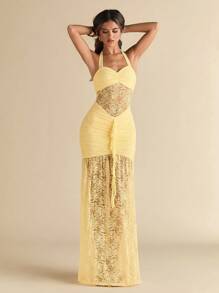 SHEIN BAE 黄色蕾丝纹理露背褶饰紧身半透明优雅女士连衣裙，蕾丝连衣裙，沙滩裙，春夏 - 黃色 - 查看 3